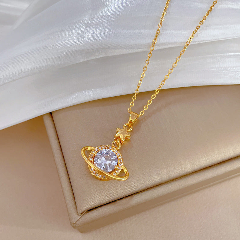 Sweet Elegant Geometric Moon Rhinestone Plated Titanium Steel Necklace for Unisex