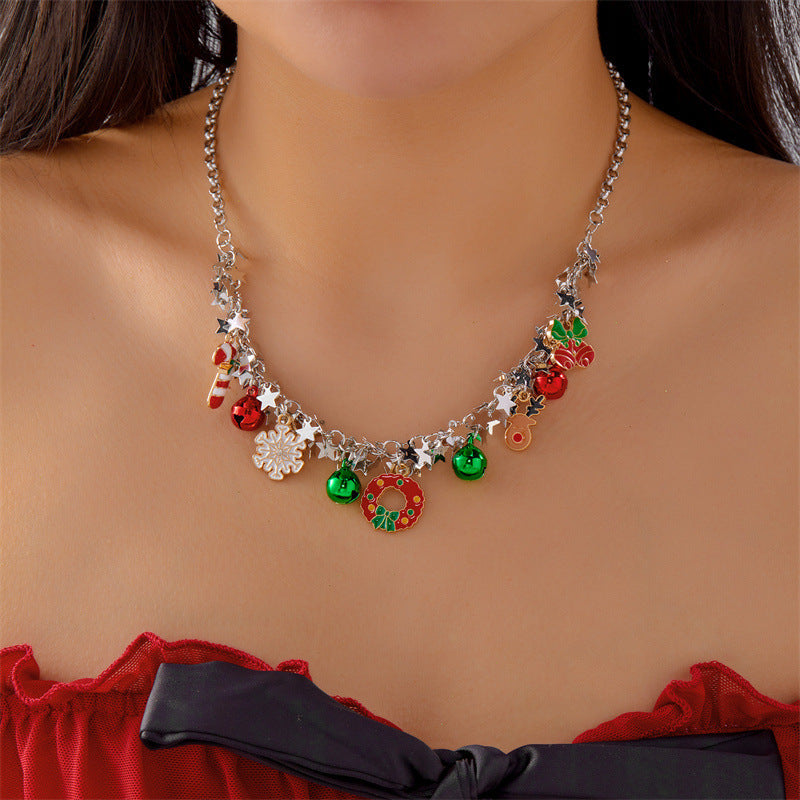 Fashion OL Style Cartoon Character Pendant Necklace Set with Snowflake and Christmas Bell Charms in Zinc Alloy with Plating Finish for Women