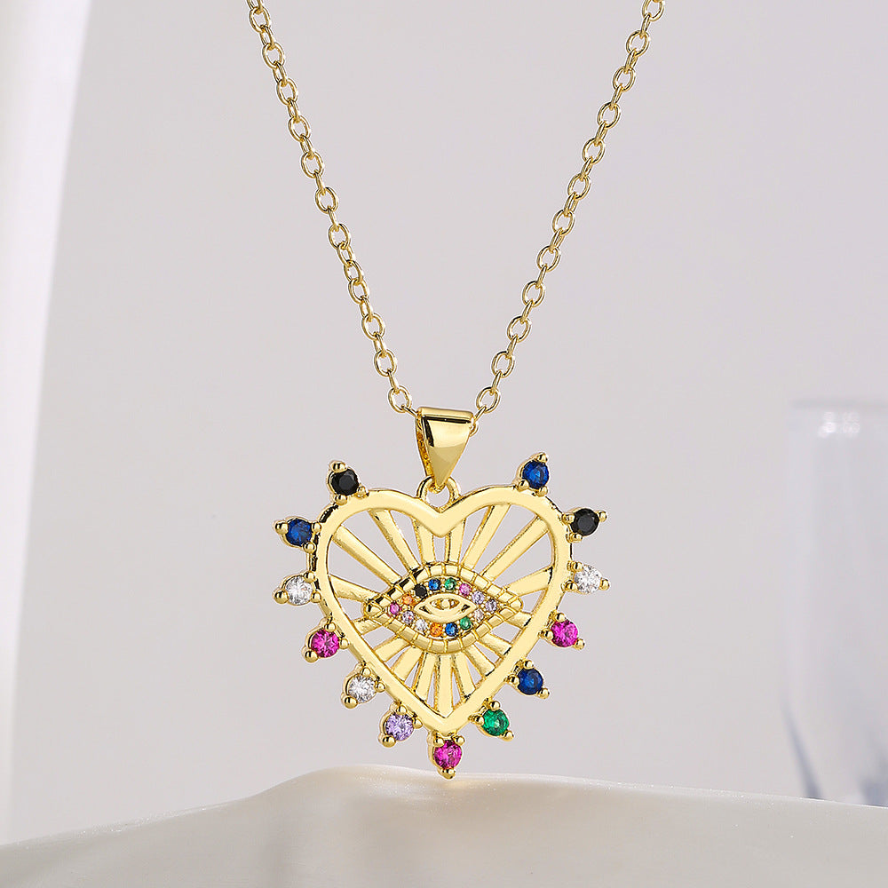 INS Style Geometric Heart Eye Snake Pendant Necklace in Copper with 18K Gold Plating and Micro-Pave Zirconia