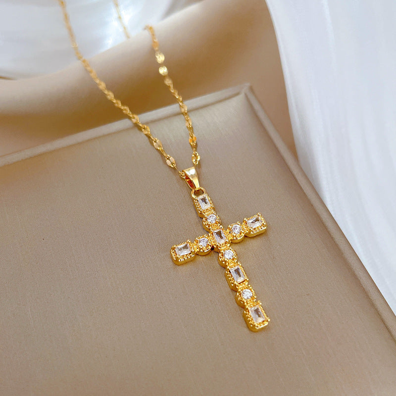 Vintage Luxury Titanium Steel Cross Collar Chain with Zircon Inlay