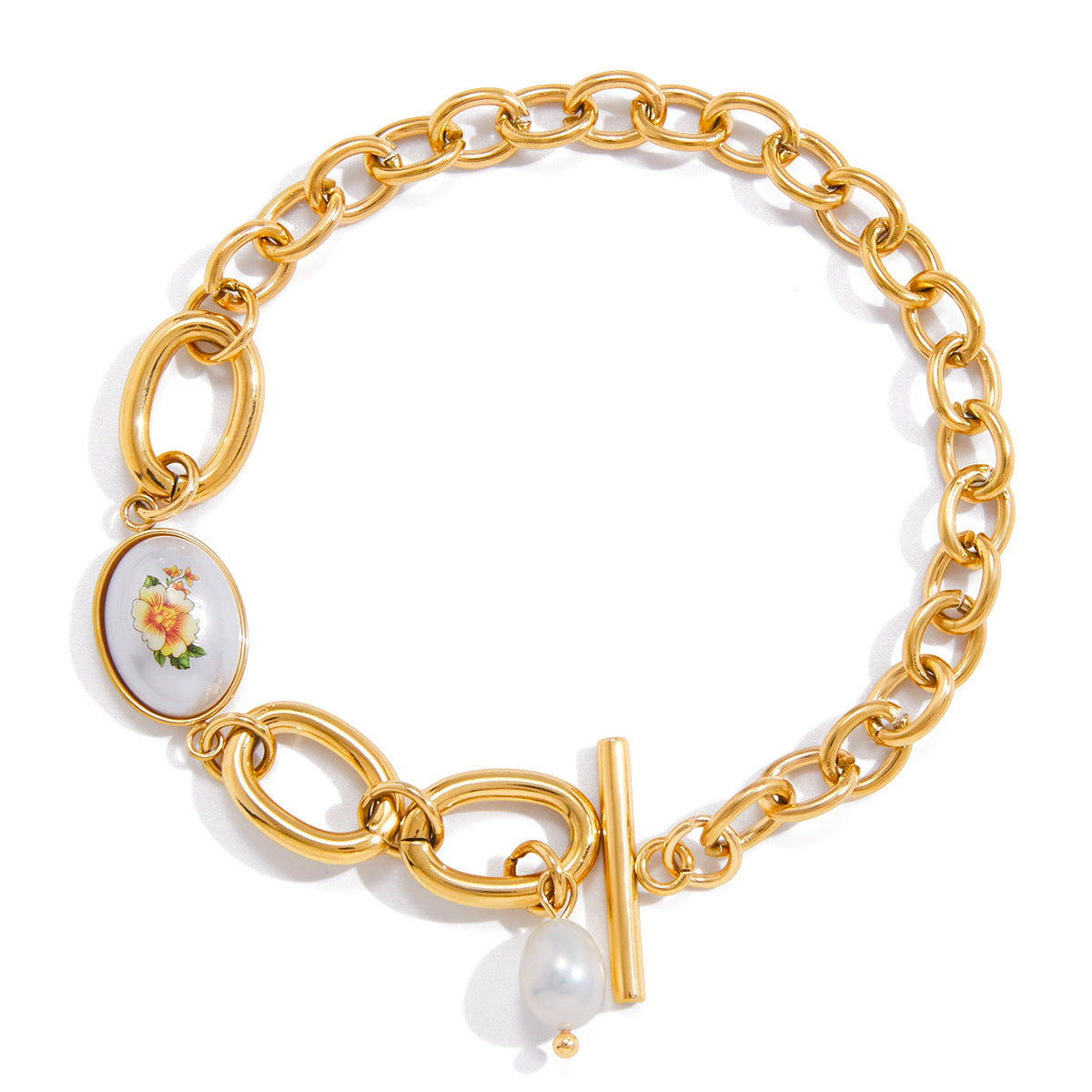 Elegante bracciale geometrico in acciaio inossidabile con perle d'acqua dolce e placcatura in oro da donna