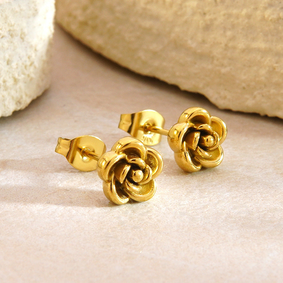 Vintage Elegant Gold Plated Stainless Steel Floral Necklace and Earring Set for Women