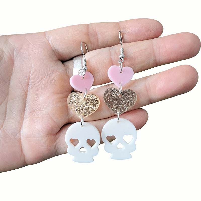 Orecchini a forma di cuore con teschio e ragno in acrilico a tema Halloween per unisex, gioielli artigianali per costumi