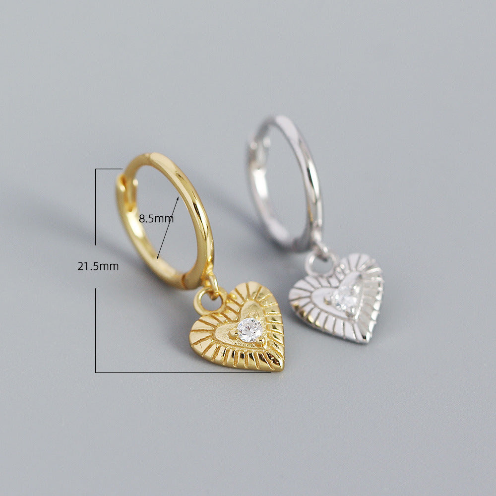 Minimalist Heart-Shaped S925 Sterling Silver Stud Earrings with Rhinestone Inlay for Women