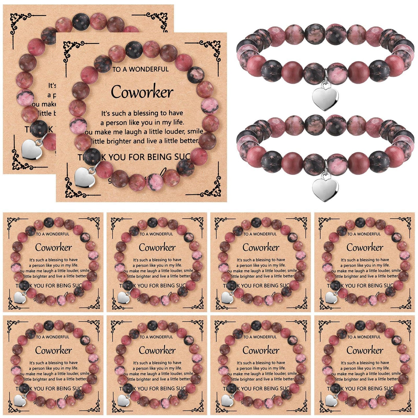 Sweet Natural Pink Zebra Print Crystal Heart Pendant Beaded Bracelet Set Unisex