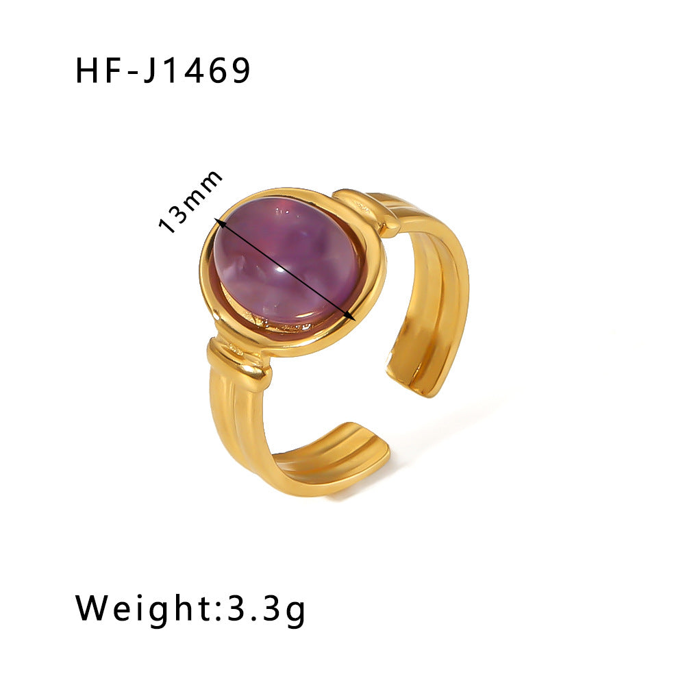 Vintage Geometric Round Emerald Green Natural Stone Stainless Steel Ring with 18K Gold Plating