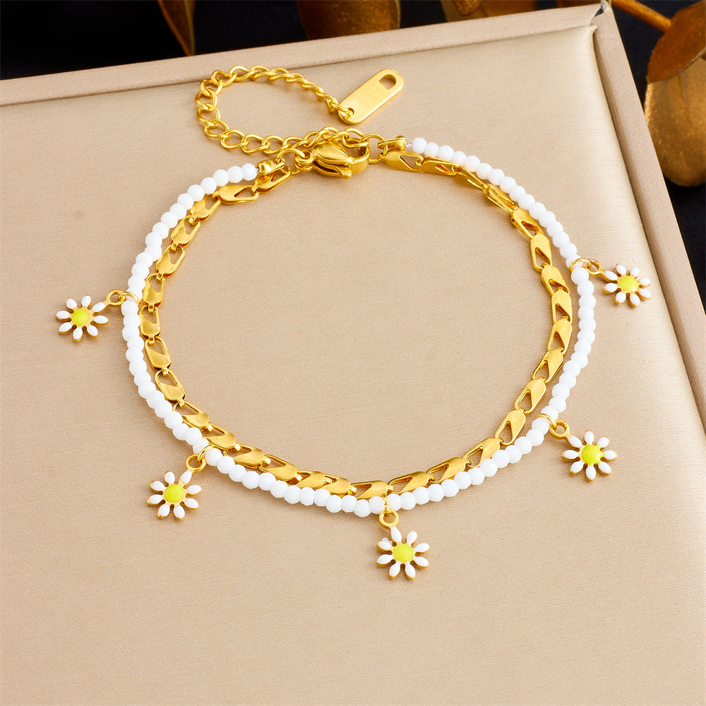 Chic Daisy Floral Stainless Steel Anklet for Women with Enamel Finish and Layered Chain Design