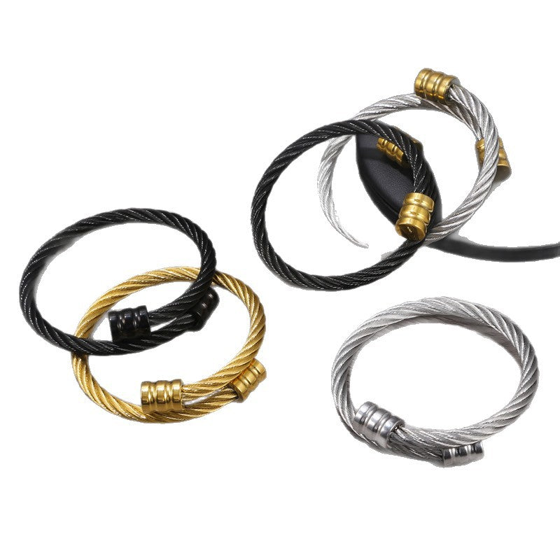 Vintage Streetwear Geometric Round Plated Stainless Steel Twisted Bracelet for Unisex