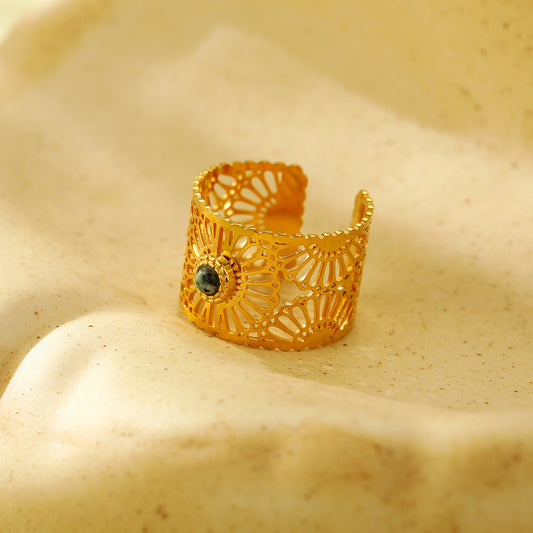 Anello da donna minimalista geometrico in acciaio al titanio, cavo, con intarsio in pietra naturale e placcatura in oro 18K