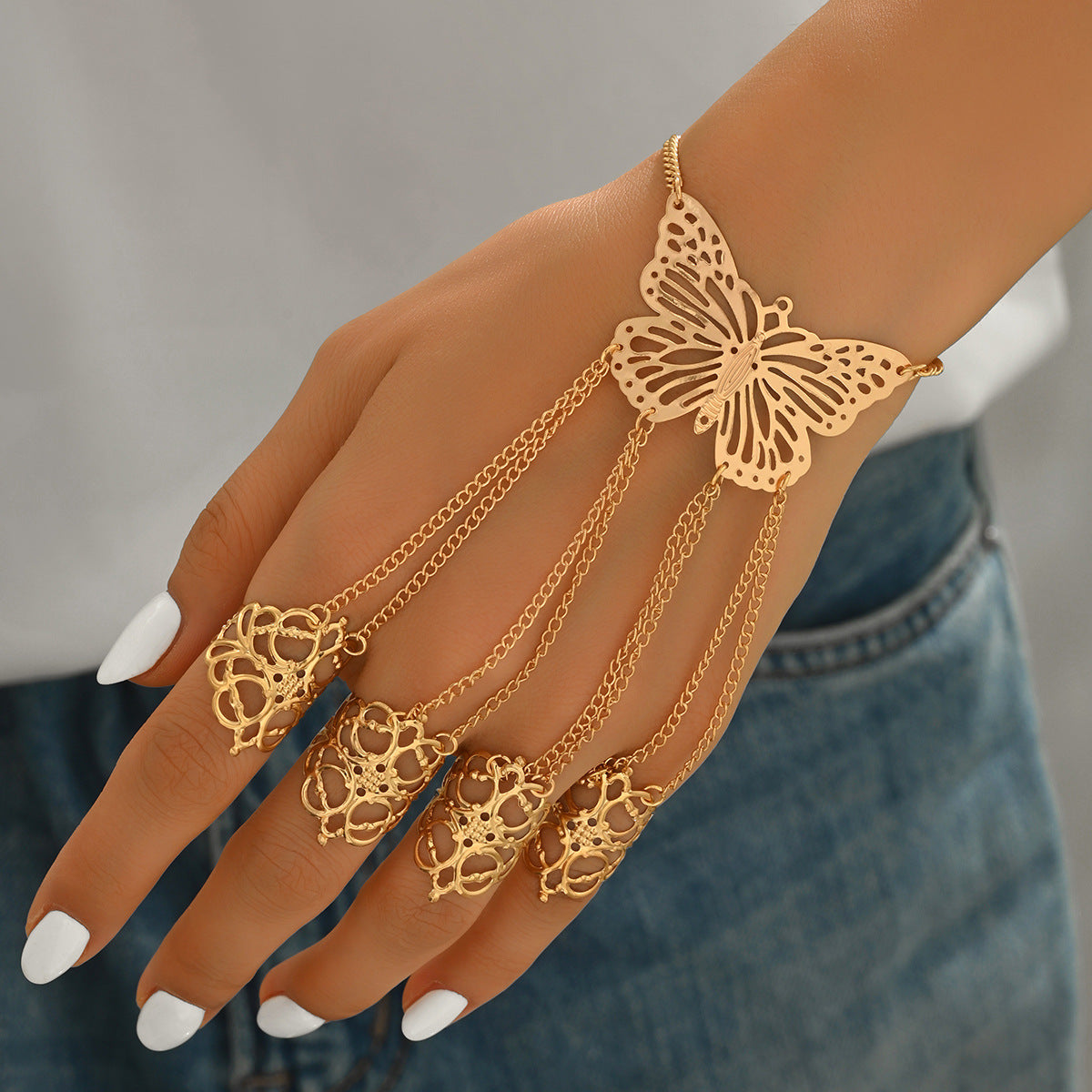 Set bracciale e anello da donna placcato in lega di zinco a forma di farfalla con design minimalista e alla moda