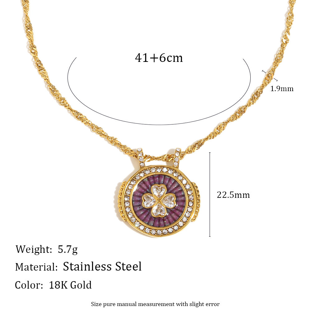 Conjunto de collar con colgante de disco redondo floral de estilo OL a la moda en acero inoxidable con baño de oro de 18 quilates y circonitas esmaltadas para mujer