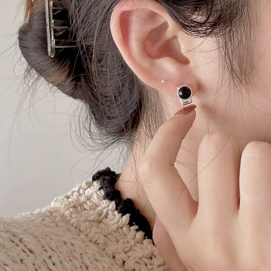 Orecchini a perno geometrici minimalisti in onice nero in argento sterling 925 con finitura placcata
