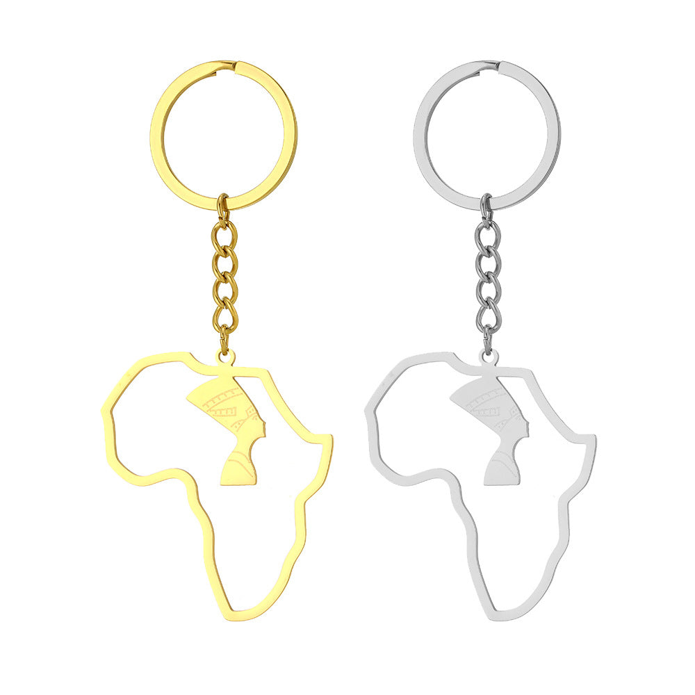 Portachiavi con ciondolo a forma di mappa africana minimalista per donna in acciaio inossidabile placcato oro con design Nefertiti