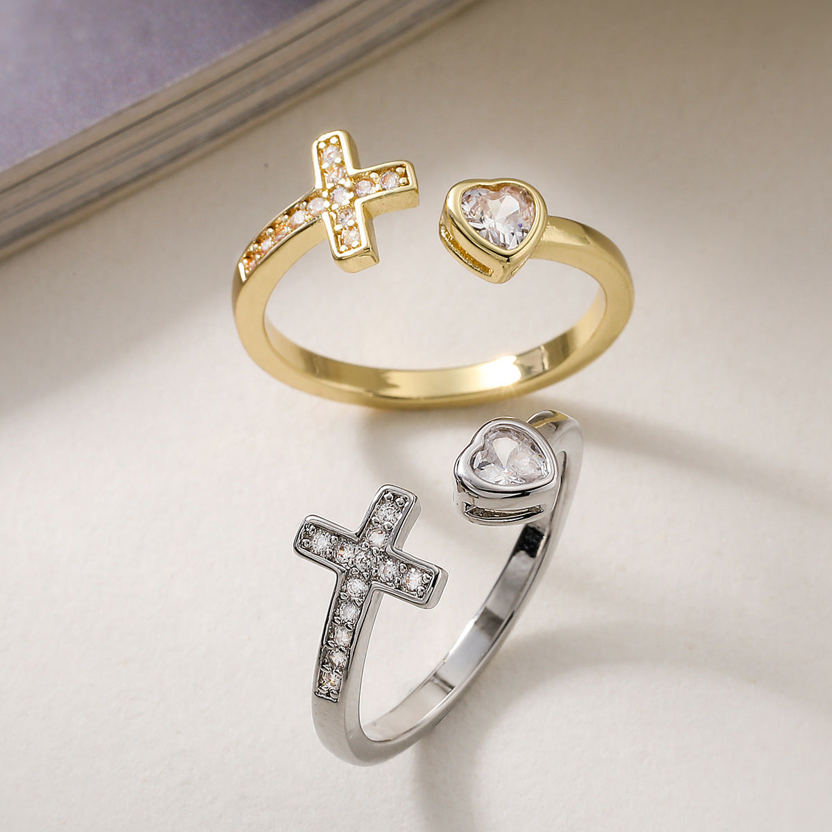 Minimalist 18K Gold Plated Brass Heart Geometric Micro-inlay Cubic Zirconia Ring for Women