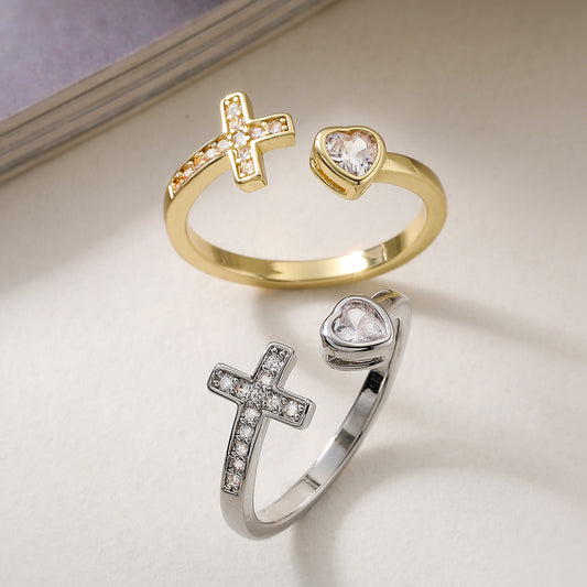 Minimalist 18K Gold Plated Brass Heart Geometric Micro-inlay Cubic Zirconia Ring for Women