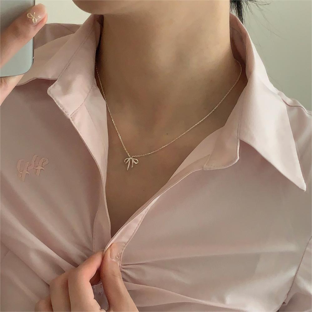 Minimalist Bow Knot Pendant Necklace in 925 Sterling Silver with Plated Finish on Cross Chain