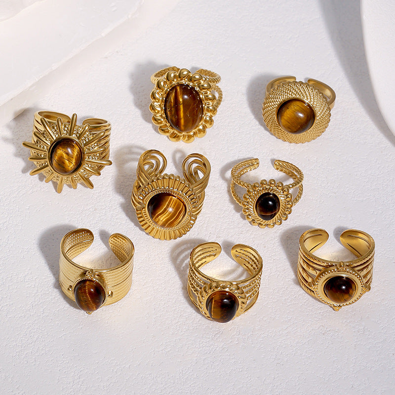 Vintage 18K Gold Plated Titanium Steel Open Ring with Tiger's Eye Inlay Round Oval Crown Design