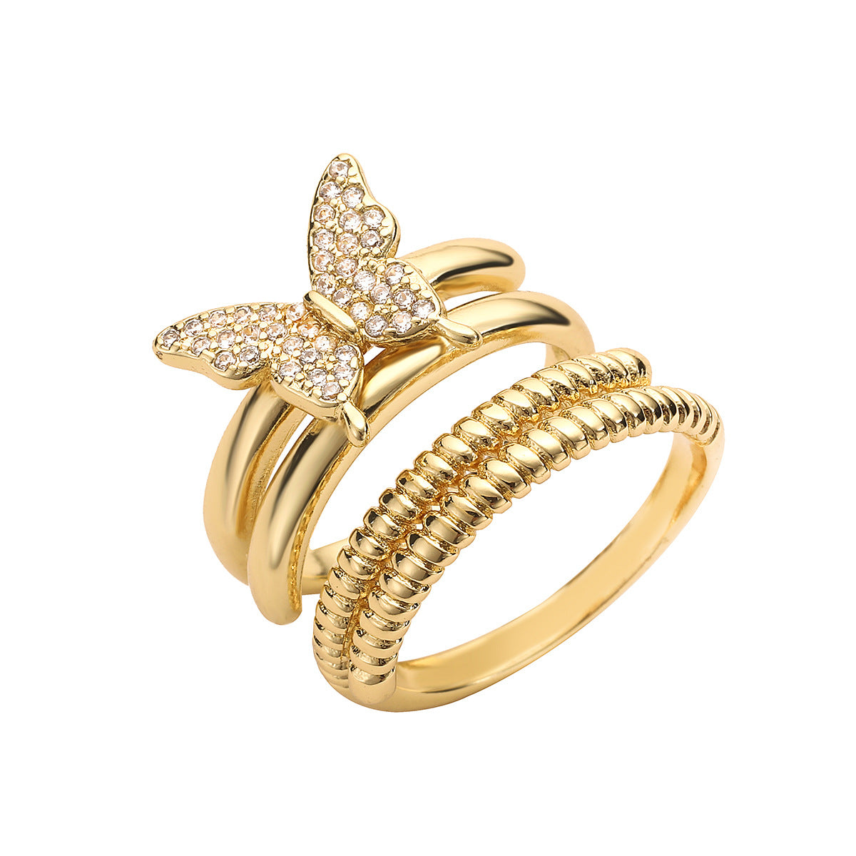 Minimalist Butterfly-Shaped Copper Ring with Gold Plating and Zircon Inlay for Women