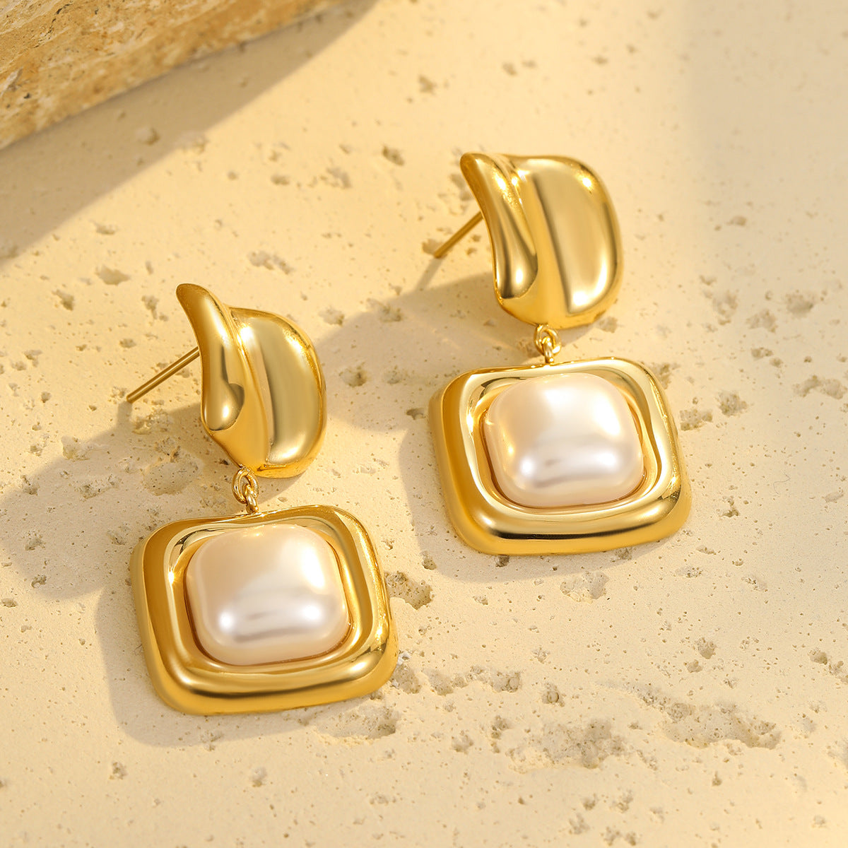 French Vintage Geometric Square Irregular Pearl Earrings for Women Stainless Steel Plated with 18K Gold Luxury Minimalist Fashion Ear Jewelry