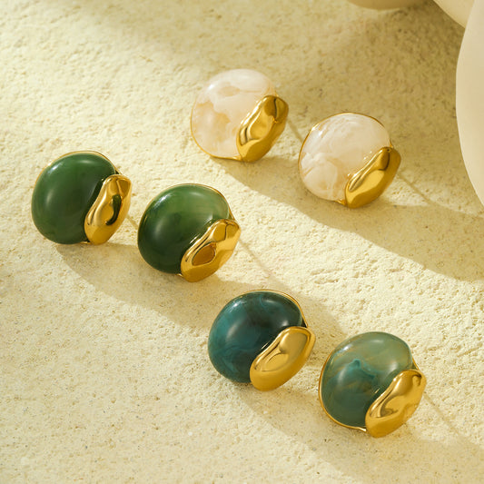 Vintage Style Oval Resin-Inlaid Stainless Steel Earrings for Women with Plated Finish