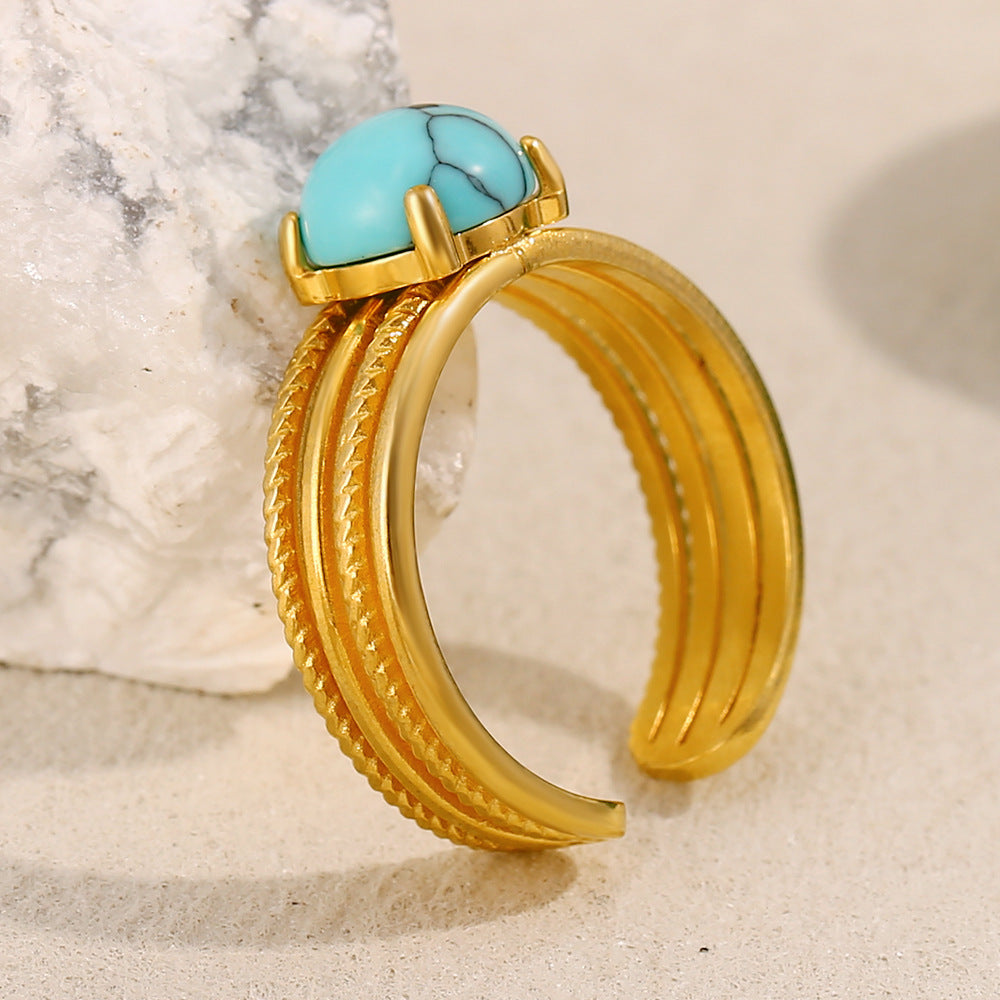 Fashionable Vintage French Style Geometric Stainless Steel Plated 18K Gold Half-Round Turquoise Ring for Women