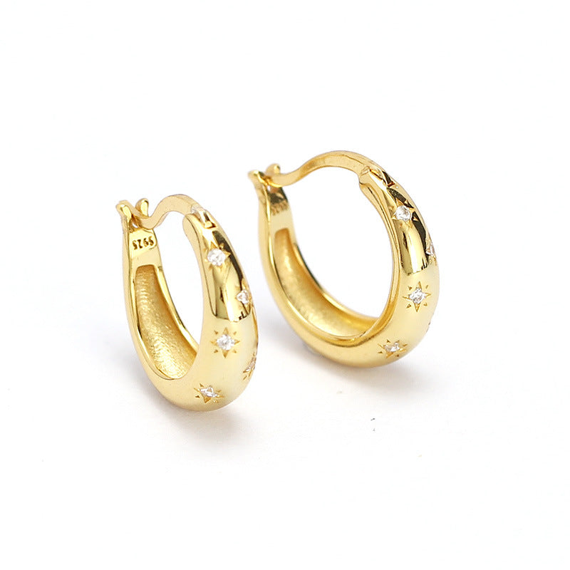 Vintage Minimalist 925 Sterling Silver Polished Round Geometric Hoop Earrings with Cubic Zirconia Inlay