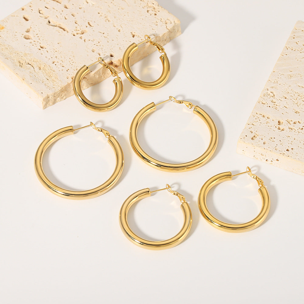 Retro Hip-Hop Minimalist Round Stainless Steel Hollow Hoop Earrings with 18K Gold Plating for Women