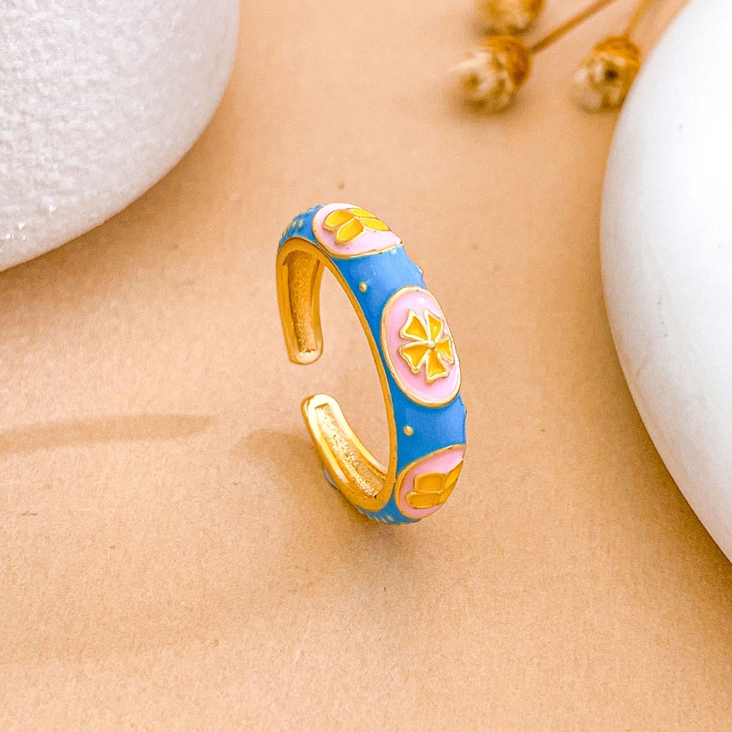 Sweet Minimalist Floral Enamel Gold Plated Brass Adjustable Ring for Women