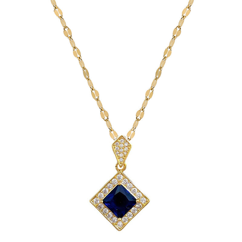 Luxury Titanium Steel Geometric Blue Rhombus Necklace and Earrings Set for Women Formal Events