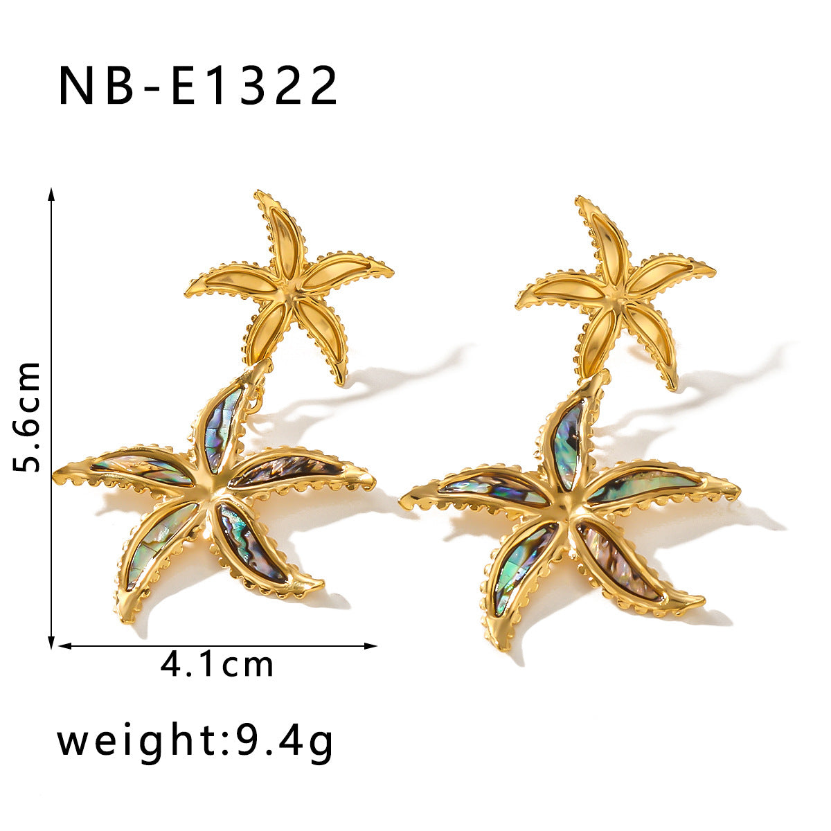 Orecchini da donna in acciaio inossidabile placcato oro 18 carati a forma geometrica di doppia stella esagerata tema oceano