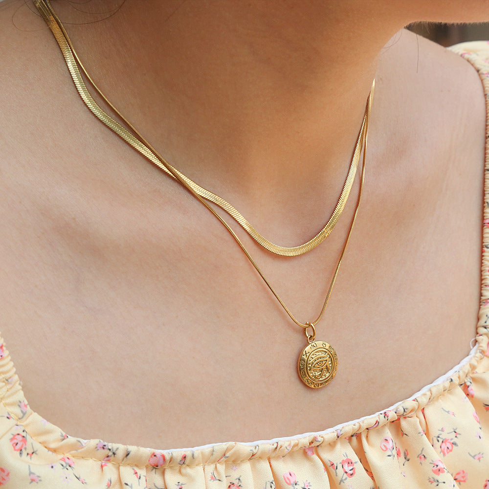 Collar de cadena de serpiente de doble capa a la moda con colgante de ojo turco en acero inoxidable con baño de oro de 18 quilates