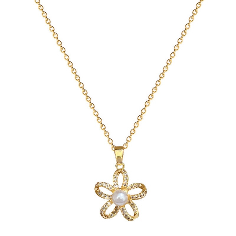 Elegant Five-Petal Pearl Flower Pendant Necklace in Titanium Steel with Rhinestone Accents for Women