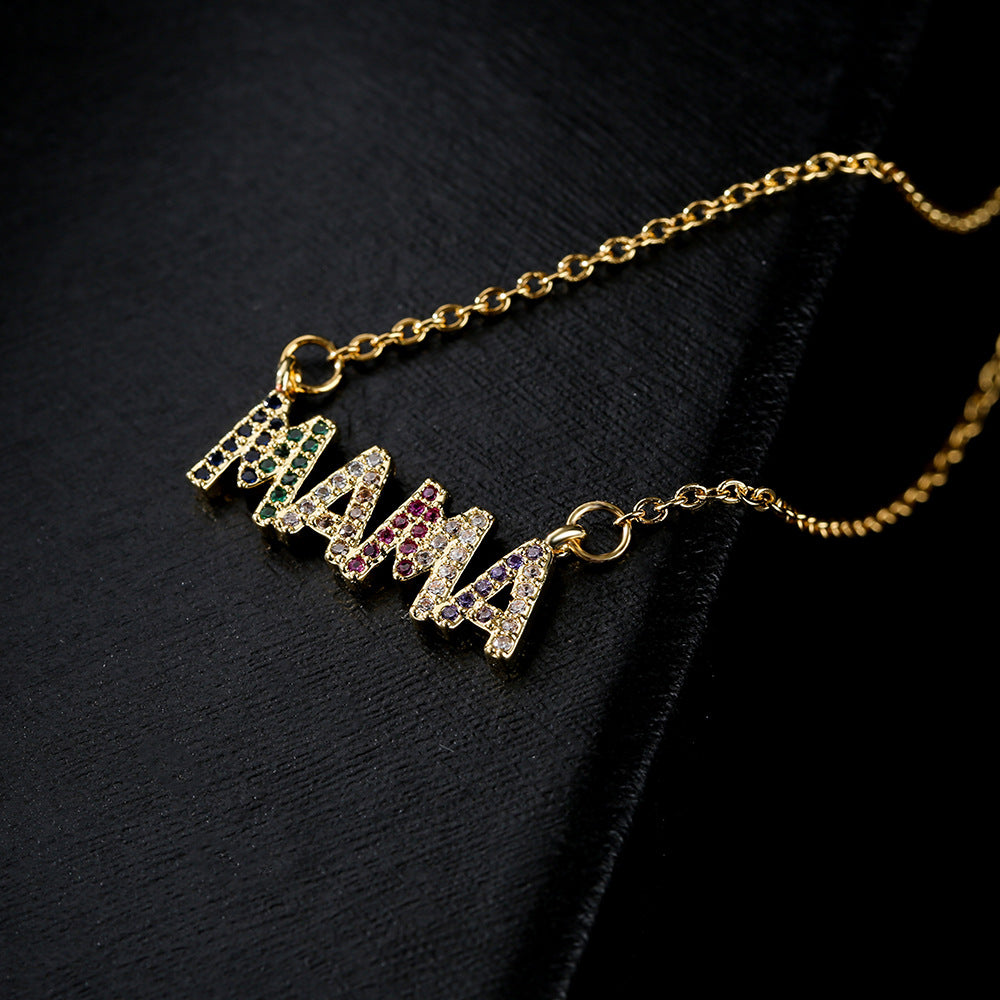 European Style Geometric MAMA Pendant Necklace 18K Gold Plated Copper with Cubic Zirconia for Women