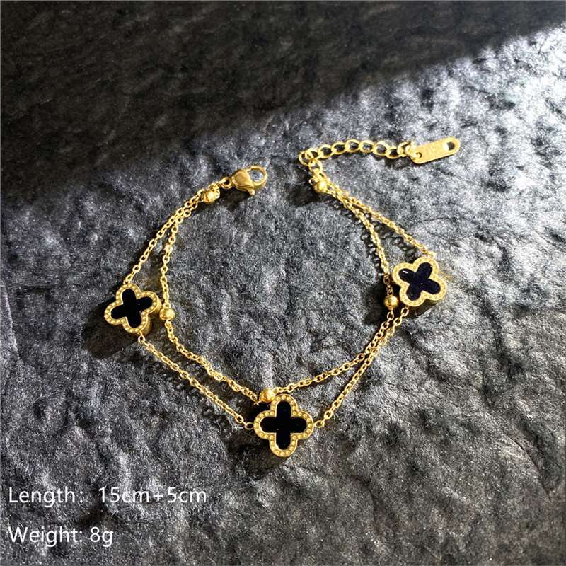 Original Design Geometric Four-Leaf Clover Roman Numeral Double-Layer Bracelet in Titanium Steel with Gold Plating