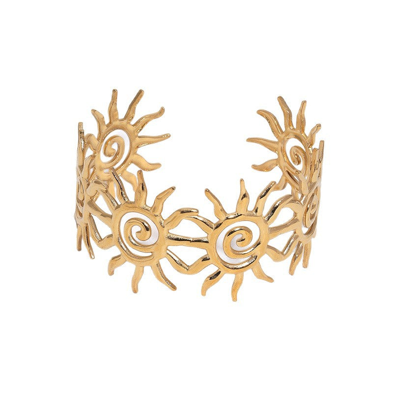 Minimalist Luxury Gold Plated Stainless Steel Sun Design Open Cuff Bracelet
