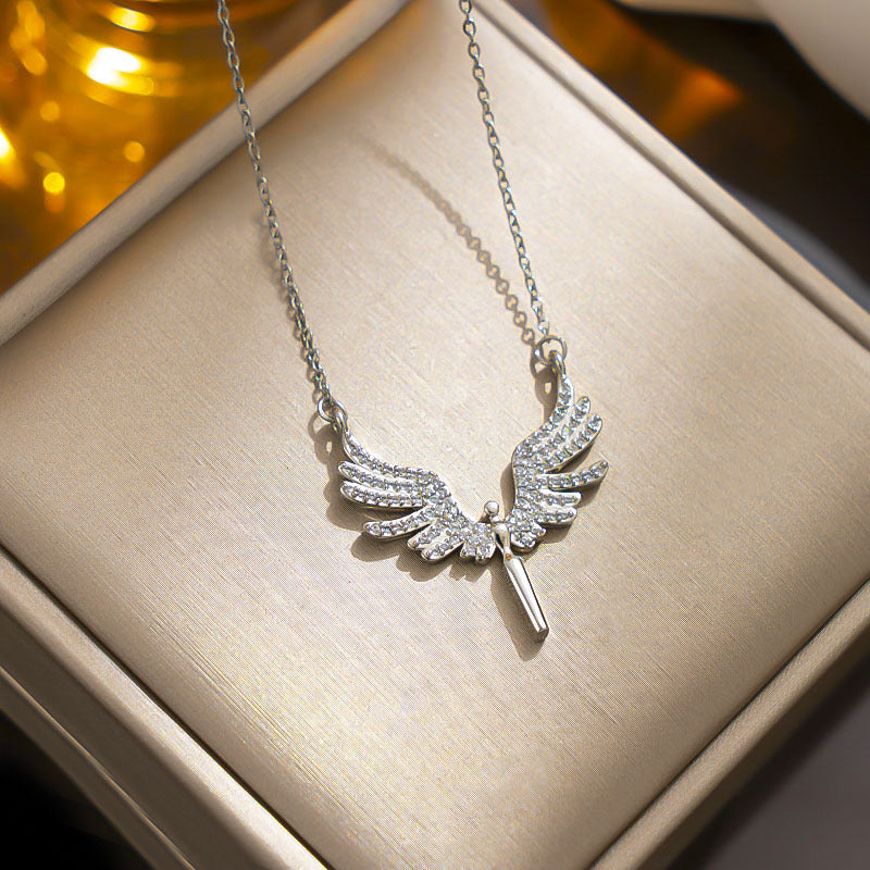 Minimalist Angel Wing Pendant Necklace in Titanium Steel with Micro-Pave Colored Rhinestones on O-Chain