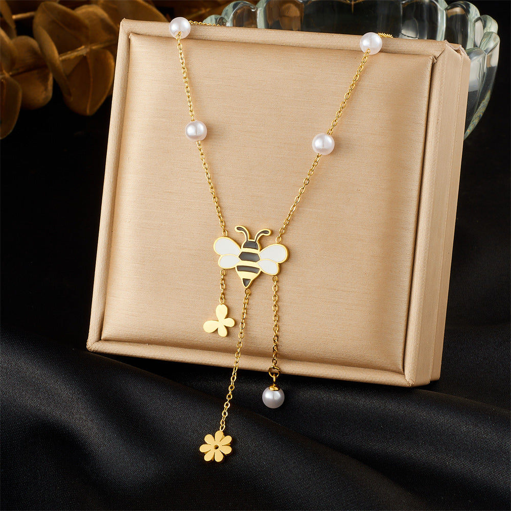 Sweet Cartoon Drip Oil Stainless Steel Butterfly Bee Flower Tassel Jewelry Set for Women