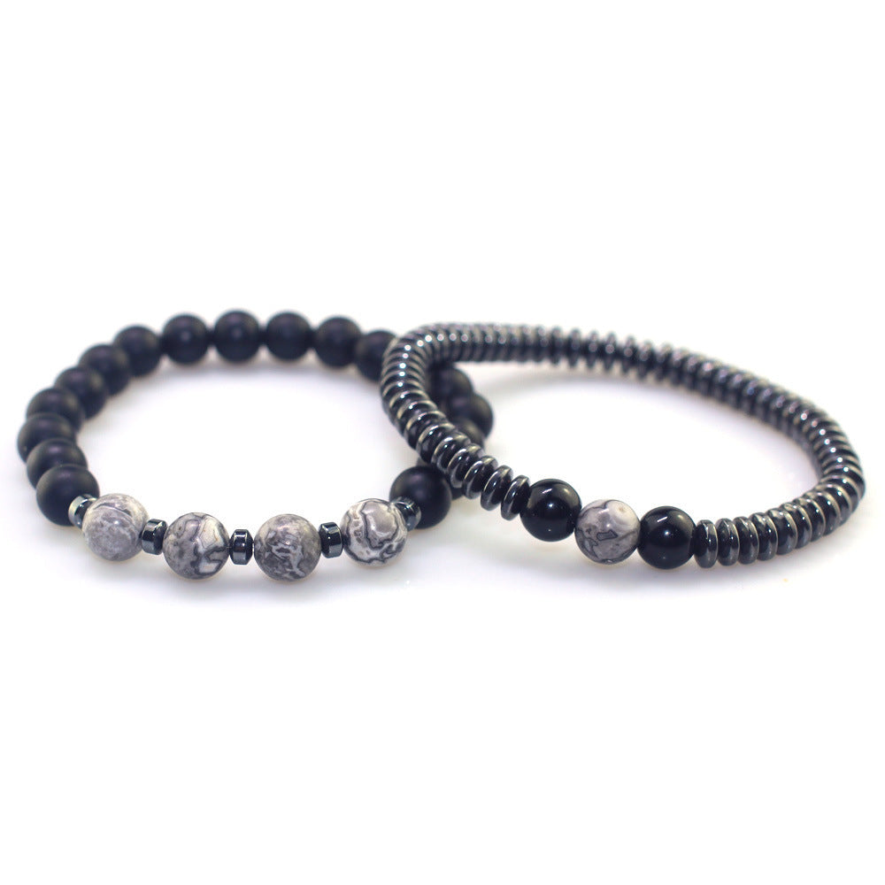 Minimalist Men's Black Stone Beaded Bracelet Handmade Natural Stone Strand