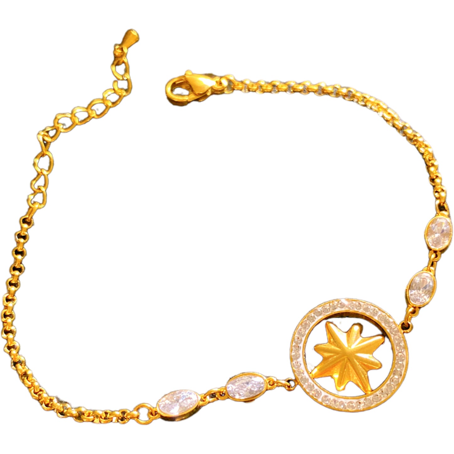 Minimalist Elegant Hollow Round Eight-Pointed Star Rhinestone Inlay Titanium Steel Bracelet for Women