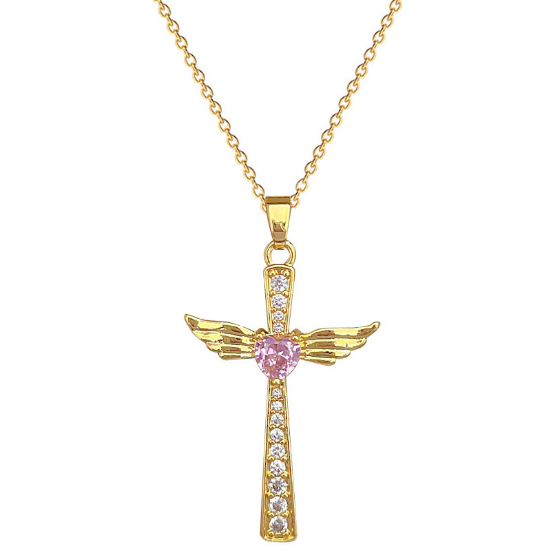 Luxury Titanium Steel Wing Cross Pendant Necklace for Women with Rhinestone Inlay Geometric Design Adjustable Clavicle Chain