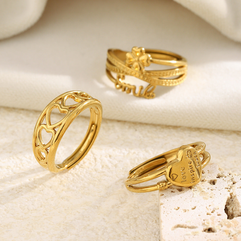 Anello da donna minimalista con lettera a cuore in oro 18 carati placcato in acciaio inossidabile a forma di linea floreale