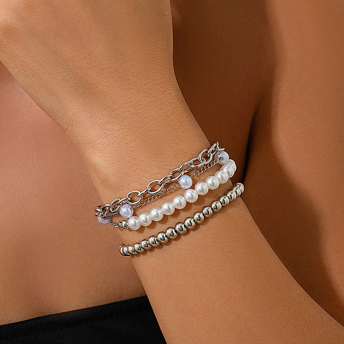 Minimalist Geometric Faux Pearl Plated Resin Beaded Bracelet Set for Women