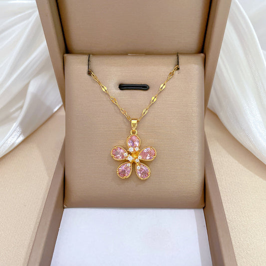 Pink Five-Leaf Flower Luxury Rhinestone Necklace for Women Stainless Steel Delicate Clavicle Chain