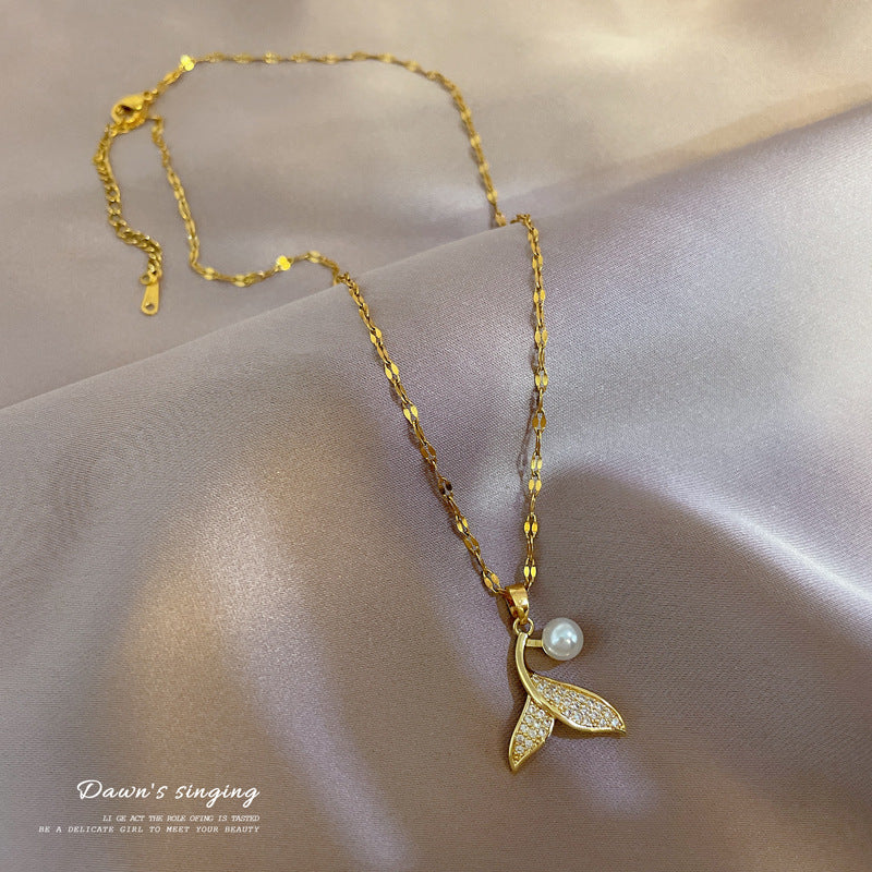 Geometric Pearl Pendant Necklace for Women in Titanium Steel with Micro-Pavé Rhinestones, Delicate Clavicle Chain