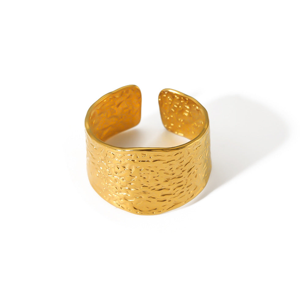 Geometric C-Shaped Titanium Steel Ring with 18K Vacuum Plating for Women and Men, Fashionable Textured Open Band Statement Ring