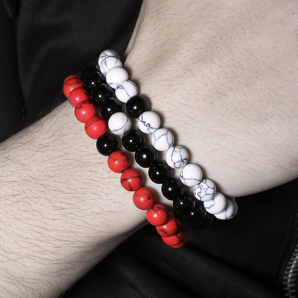 Fashion Unisex 8mm Round Onyx Turquoise Red Pine Stone Beaded Bracelet Handmade Geometric Jewelry