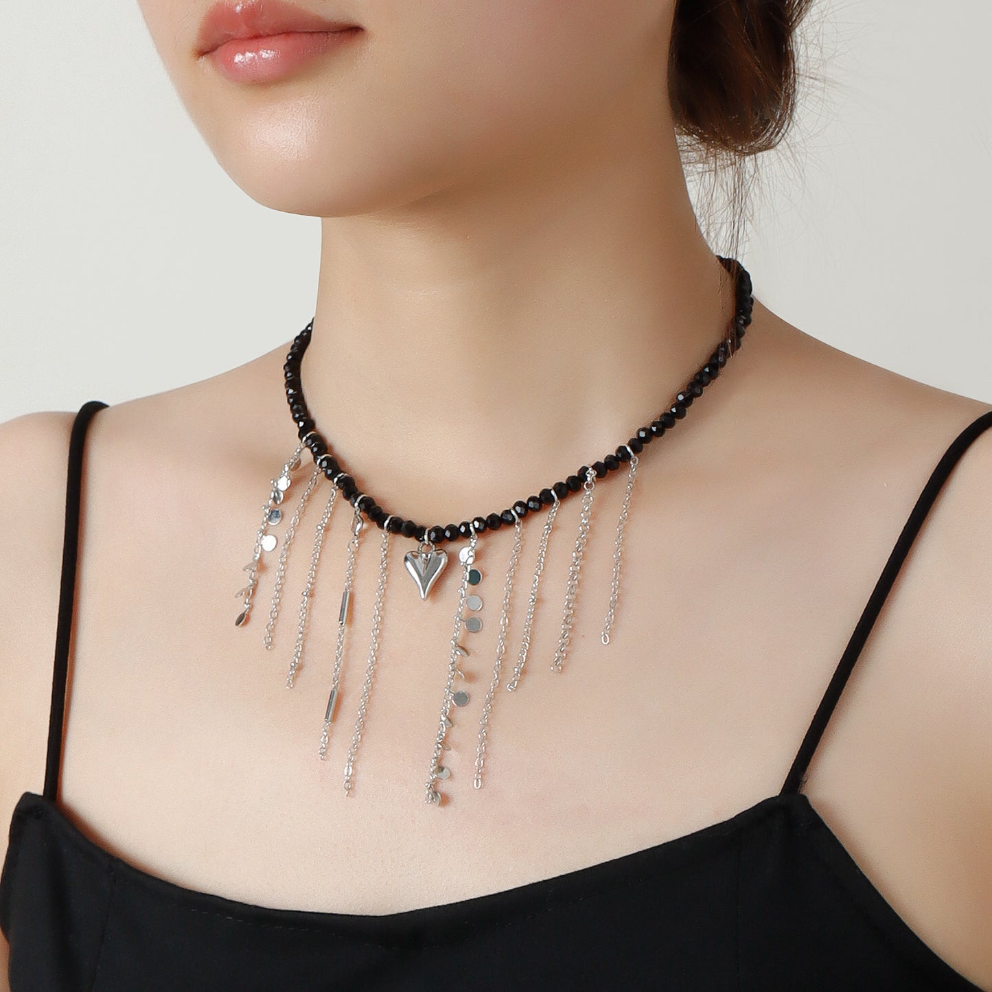 Fashionable Black Crystal Beaded Tassel Necklace with Heart Pendant in Plated Alloy for Women