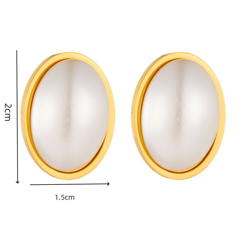 Vintage Minimalist Plated Stainless Steel Oval Geometric Pearl Earrings Necklace Bracelet Set