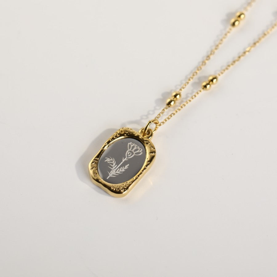 Vintage French Rose Flower Pendant Necklace 18K Gold Plated Titanium Steel Double Layer Beaded Chain
