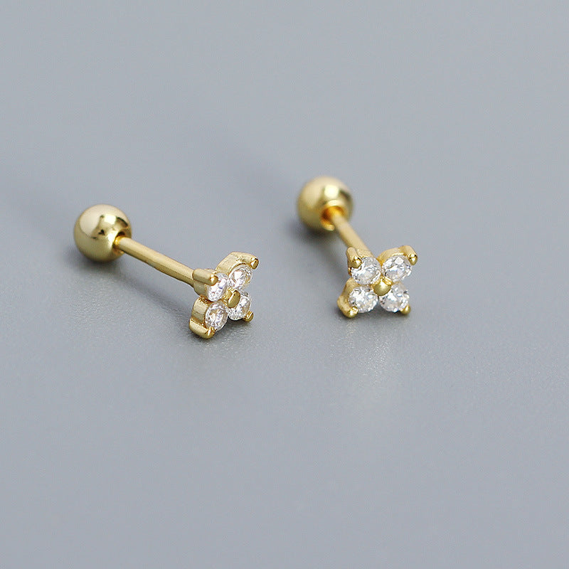 Orecchino a perno filettato da donna minimalista in argento sterling 925 con intarsi floreali e zirconi cubici